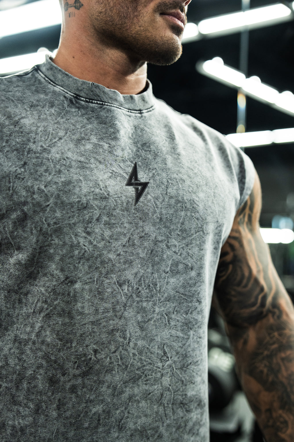 Stoik Gym Cropped Cap Sleeve Tee, Vintage Washed Grey