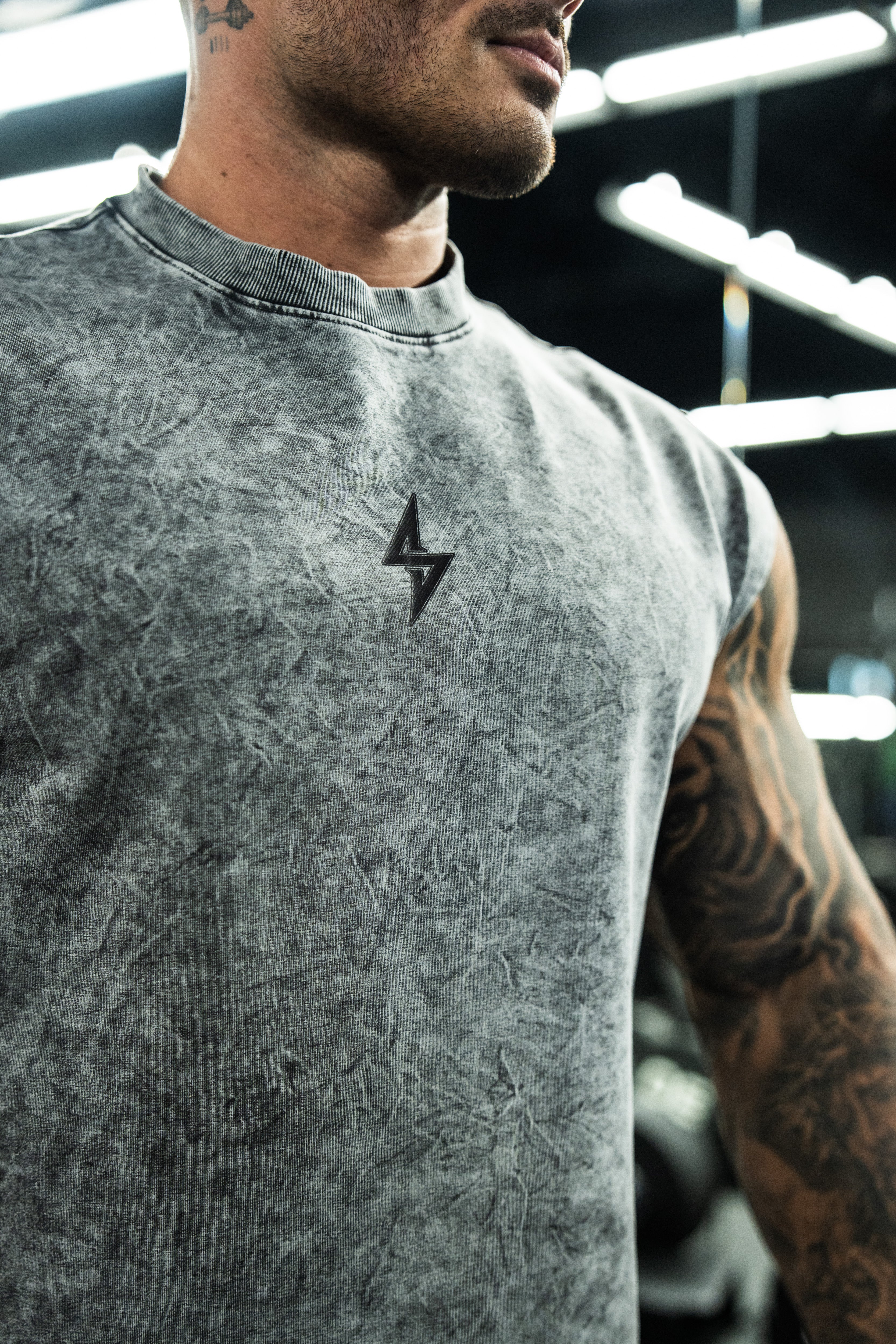 Stoik Gym Cropped Cap Sleeve Tee, Vintage Washed Grey