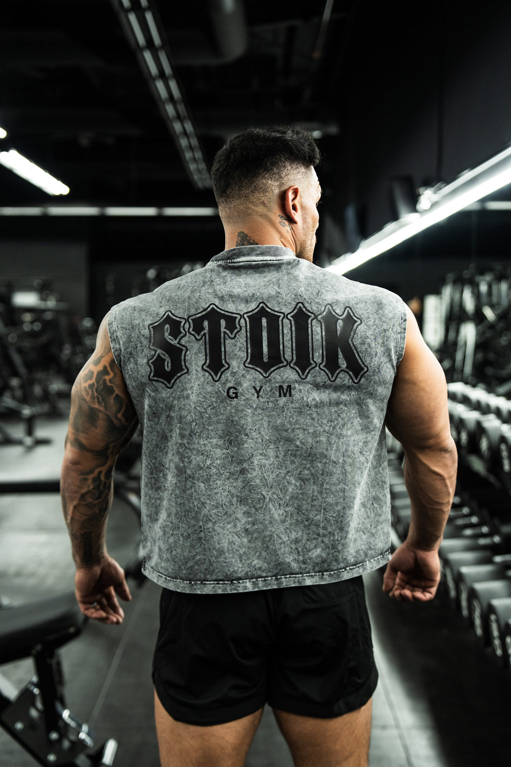 Stoik Gym Cropped Cap Sleeve Tee, Vintage Washed Grey