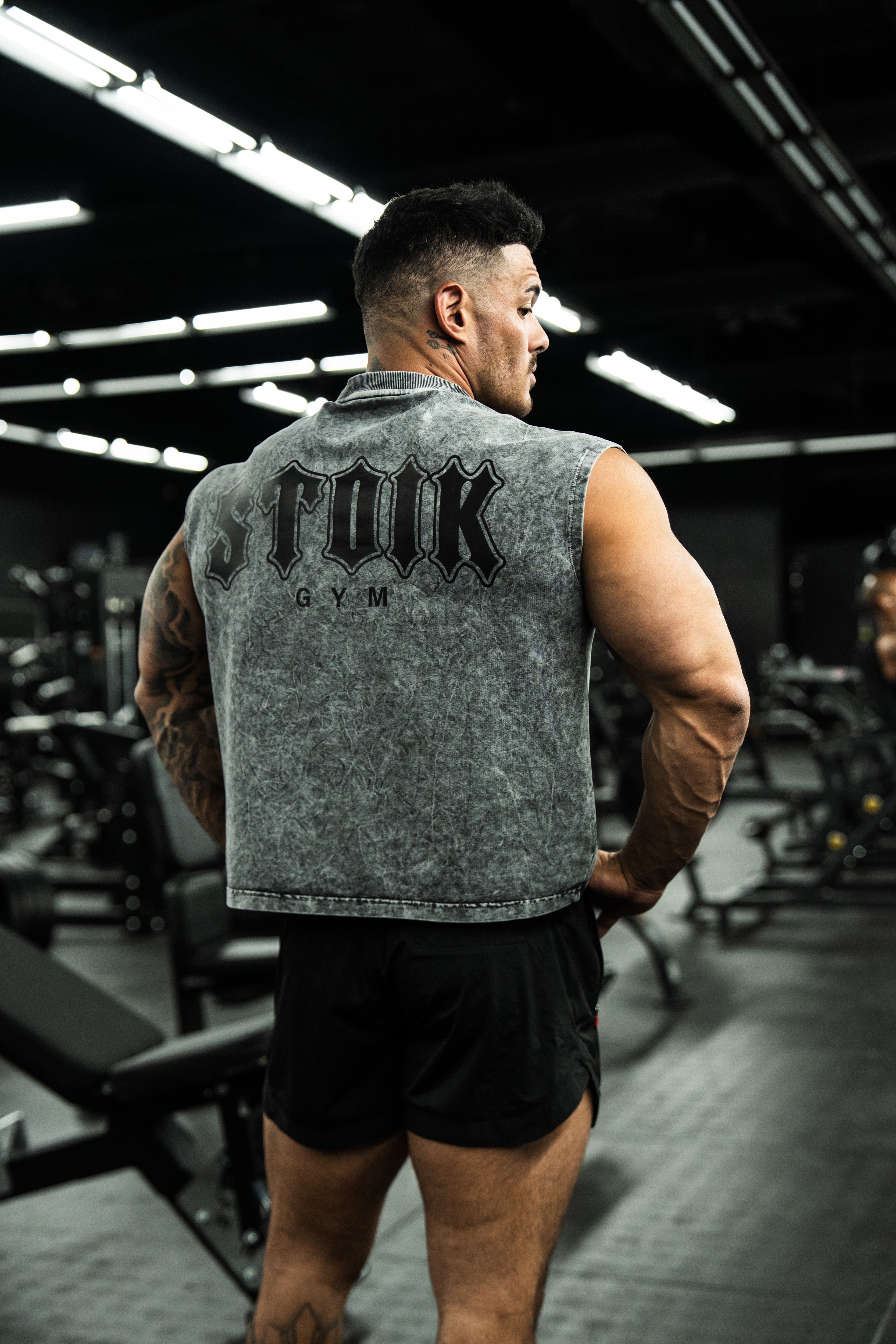 Stoik Gym Cropped Cap Sleeve Tee, Vintage Washed Grey