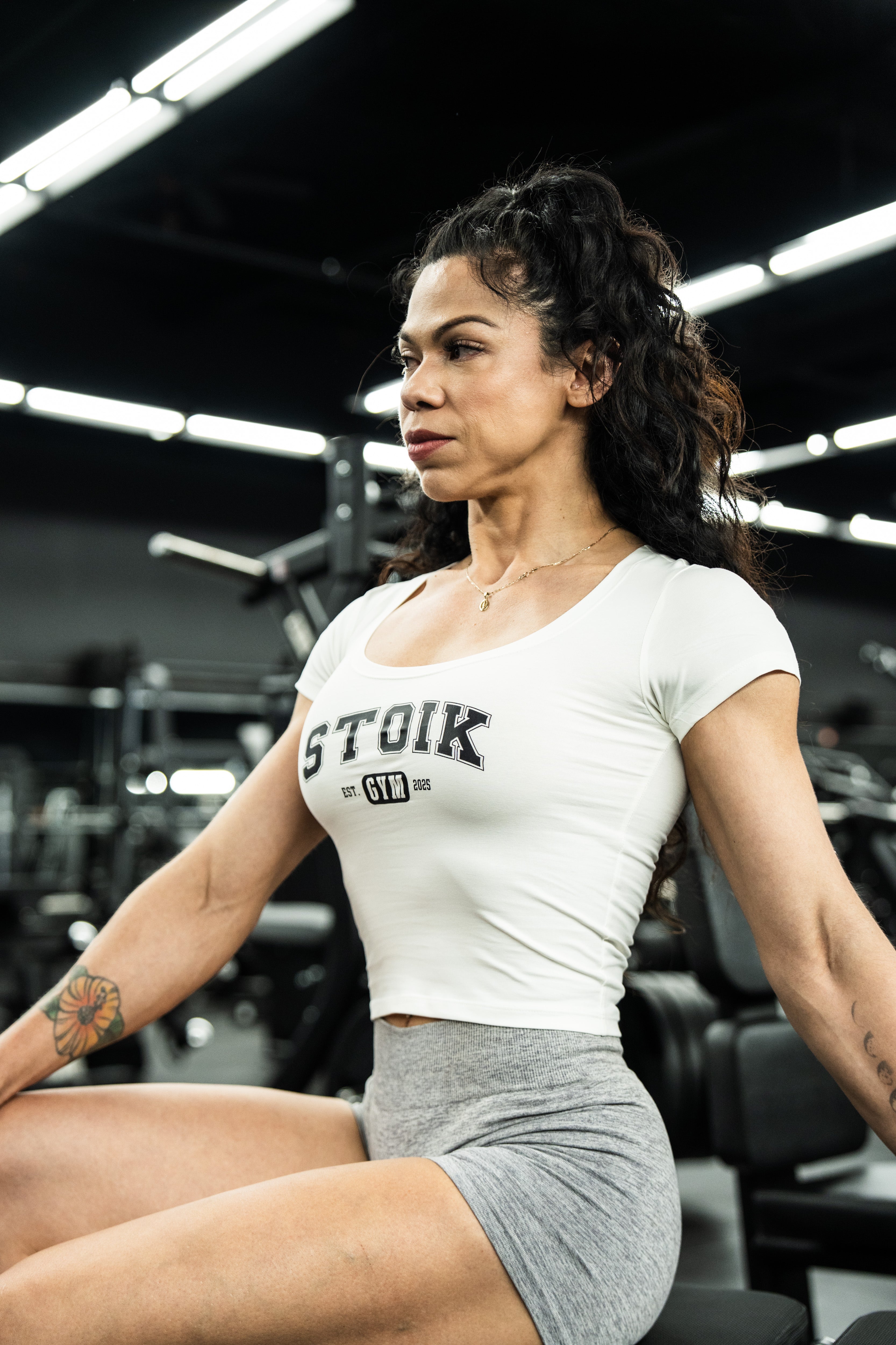 Stoik Gym Varsity Baby Tee, White